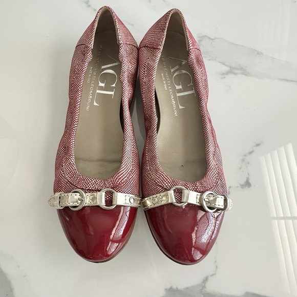 AGL Red Cap Toe Leather Ballet Flat Silver Buckle Decoration Women's Size 36.5 - Picture 1 of 14